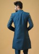 Teal Blue Embroidered Jacket Style Silk Indowestern For Men
